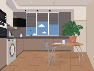 Kitchen interior three-dimensional vector graphics.
