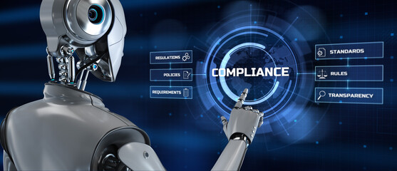 Compliance concept. Robot pressing button on screen 3d render