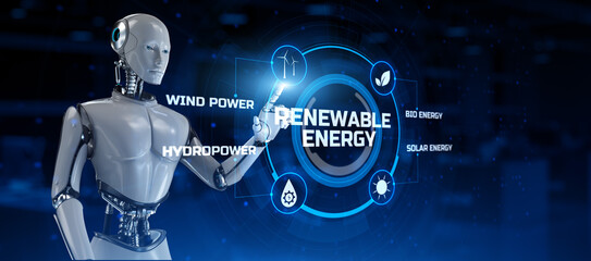 Renewable energy green technology ecology concept. Robot pressing button on screen 3d render