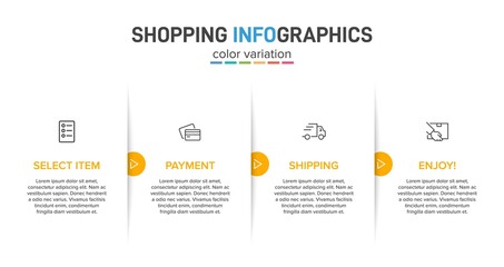 Concept of shopping process with 4 successive steps. Four colorful graphic elements. Timeline design for brochure, presentation, web site. Infographic design layout.