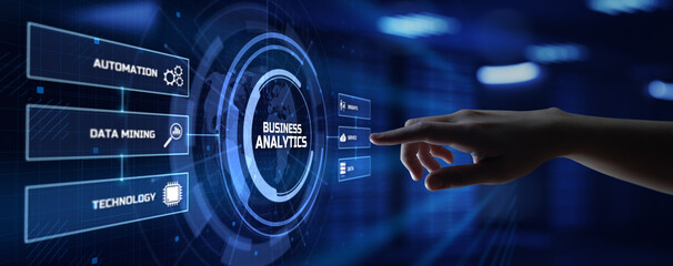 Business analytics BI Intelligence concept. Hand pressing button on virtual screen