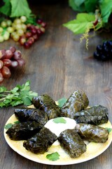 dolma, stuffed grape leaves with rice and meat.