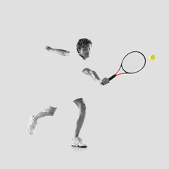 Art collage. Professional male tennis player playing isolated on light background.