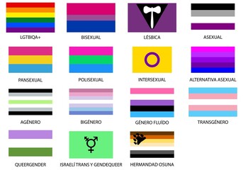 Banderas de los colectivos LGTBIQA+. Lesbianas, Banderas de gais, transexuales, bisexuales, intersexuales, asexuales, mas, plus, pansexual, israelí transgénero, género fluido y hermandad osuna - obrazy, fototapety, plakaty