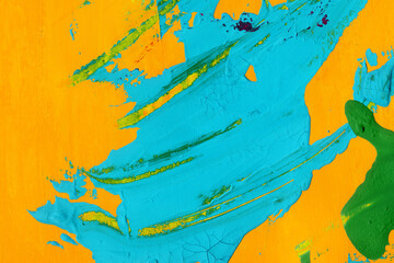 水彩テクスチャ背景(カラフル)  オレンジ色の背景に空色と緑の絵具