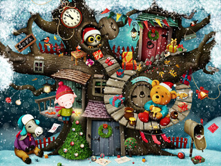 Holiday greeting card with Christmas or New Year with fairytale characters who live on a tree. 