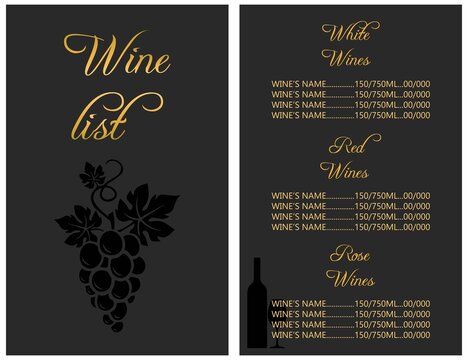 Illustartion Wine card wine list business card pricelist for wine bar restaurant on the dark background with golden text