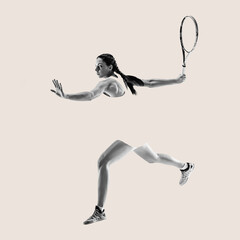 Fototapeta na wymiar Modern design, contemporary art collage. Inspiration, idea, trendy magazine style. Sport. Professional female tennis player on yellow background.