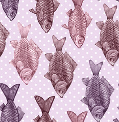 Texture from hand drawn large fish with scales. Carps, perches and dorado in a seamless pattern for textiles and fashion designs