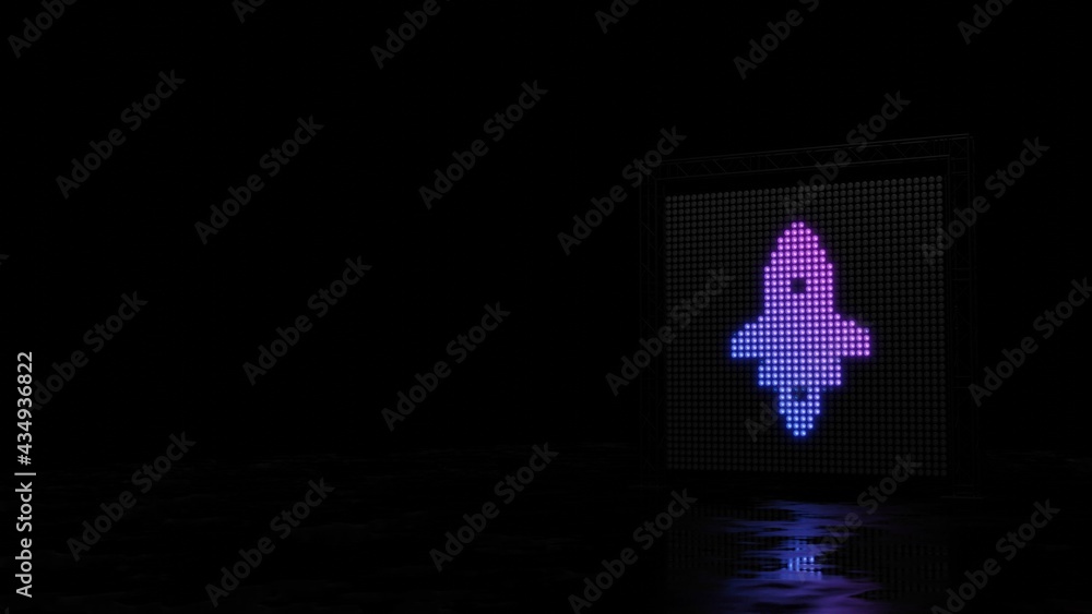 Poster 3d rendering of light shaped as symbol of launching rocket on black background