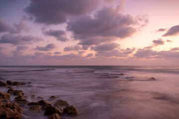 Long exposure picture of a beautiful Mediterranean Sea sunset at the coastline near Haifa, Israel
