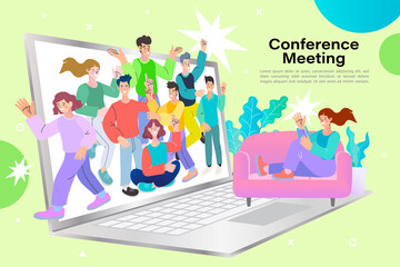 Employee talk on video call on laptop with diverse colleagues. video conferencing at home woman having video call meeting with clients at home. Vector Illustrations flat design.