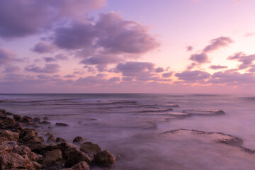 Long exposure picture of a beautiful Mediterranean Sea sunset at the coastline near Haifa, Israel