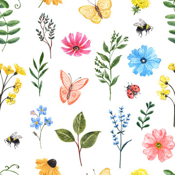 Wildflower meadow seamless pattern. Watercolor hand painted wild flowers, herbs, bees, butterflies, ladybug on white background. Colorful botanical country style print. Nursery wallpaper.