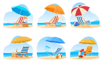 Fototapeten Travel and vacation concept. Set of beach umbrella and chair. Relaxing on the beach. Vector illustration © Igor