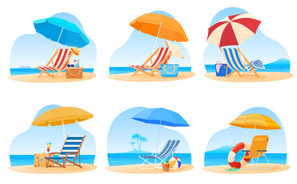 Travel and vacation concept. Set of beach umbrella and chair. Relaxing on the beach. Vector illustration