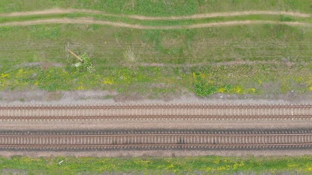 Empty railroad top view drone view left side camera movement