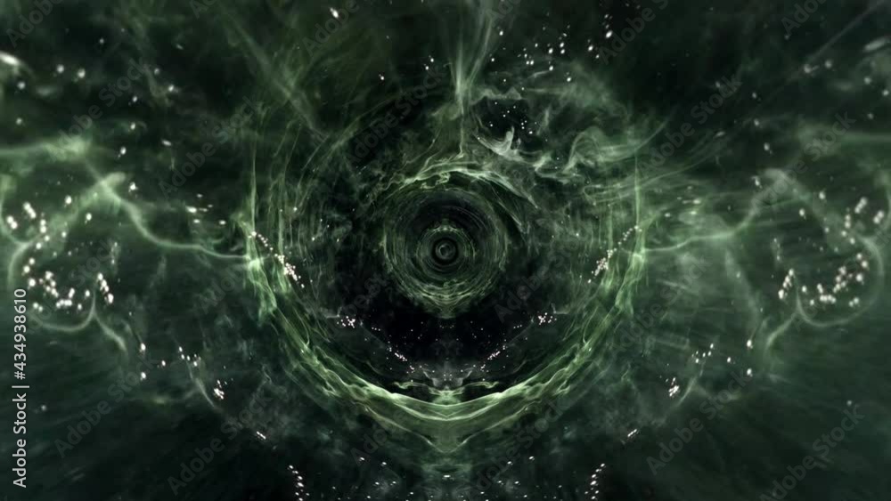 Poster abstract flight into dark green hyperspace tunnel animation. 4k 3d fly in worm hole loop sci-fi trav