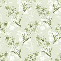 Floral seamless pattern with leaves and bluebells flowers watercolour. Hand drawn illustration in vintage style on green	