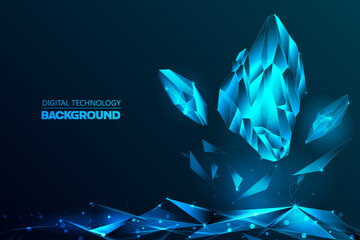 Abstract Digital Modern Futuristic Scatter Crystal with Triangle Polygons as the Ground on Glowing Dark Blue Background Illustration Vector Template Design Concept