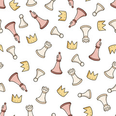 Hand drawn seamless pattern of cartoon chess game pieces. Doodle sketch style. Isolated vector illustration for a chess club, tournaments, course wallpaper, background, textile design.