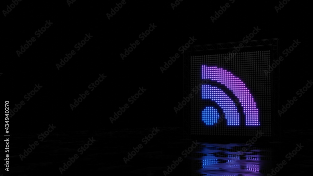 Poster 3d rendering of light shaped as symbol of social rss on black background