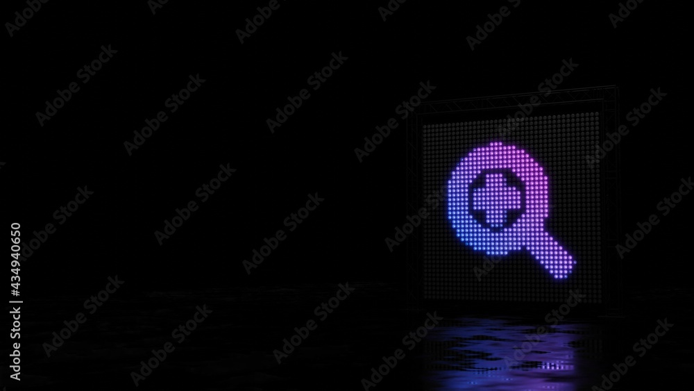 Poster 3d rendering of light shaped as symbol of search plus on black background