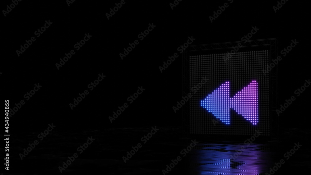 Poster 3d rendering of light shaped as symbol of rewind on black background
