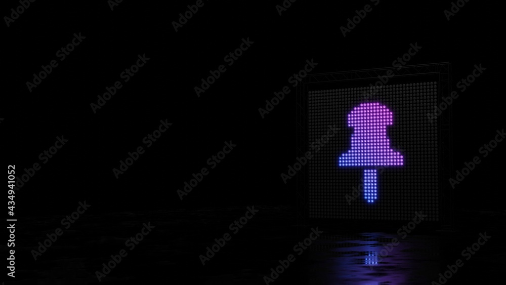 Poster 3d rendering of light shaped as symbol of push pin on black background
