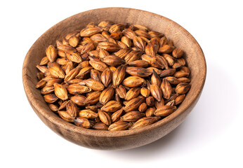 Barley Tea in the wooden bowl, isolated on white background