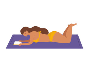 Reading a book at the beach. Woman in bikini lying down and reading book isolated on white background.Vector cartoon flat style. 