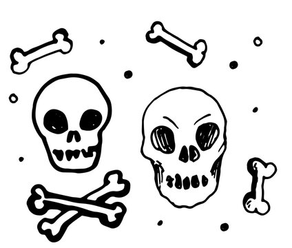 vector set of isolated skull heads and bones with a pattern of dots. hand drawn doodle style skull and crossbones with black line on white background for design template