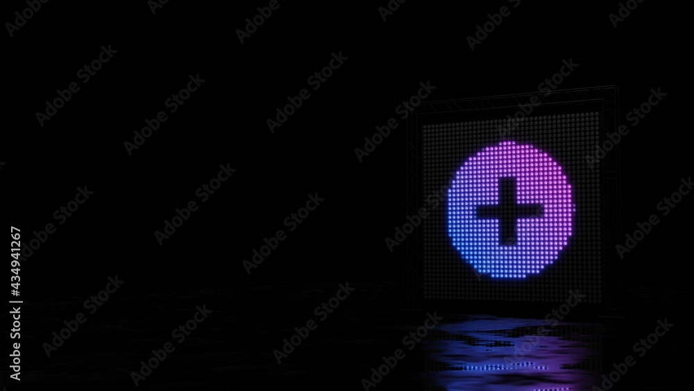 Poster 3d rendering of light shaped as symbol of plus circle on black background
