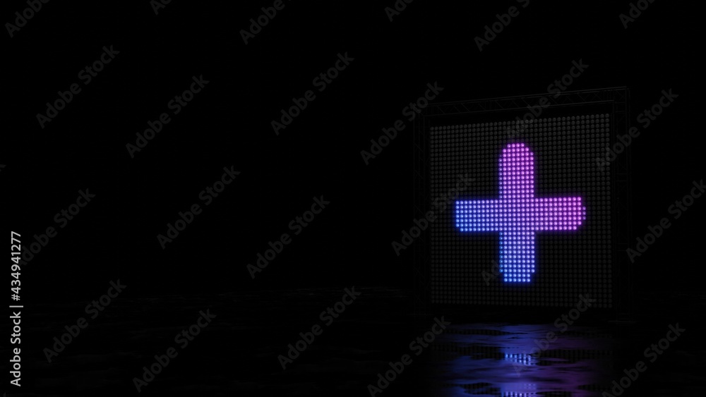 Poster 3d rendering of light shaped as symbol of plus on black background