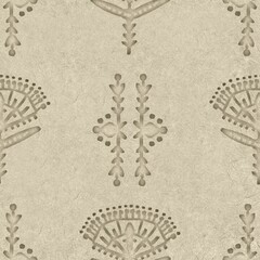Seamless embossed paper texture for print. High quality illustration. Beige taupe or tan paper texture with embossed abstract ethnic tribal design overlay. Seamless repeat raster jpg pattern swatch.