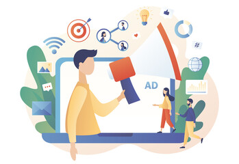 Tiny man with big megaphone in laptop screen. Advertising agency concept. Service advertisement, Digital marketing, SMM, Outdoor advertising. Modern flat cartoon style. Vector illustration 