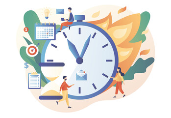 Deadline concept. Big clock on fire. Time management and productivity. Tiny people organize workflow, effective time spending. Modern flat cartoon style. Vector illustration on white background