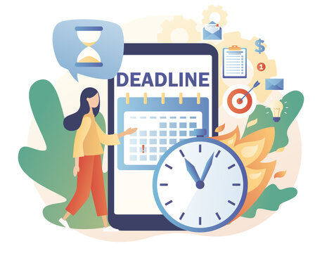 Smartphone app for time management and productivity control. Deadline concept. Tiny woman organizes workflow, effective time management. Modern flat cartoon style. Vector illustration