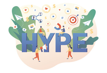 Hype - big text. Tiny people following internet trends. Bloggers, celebrities, influencers need more likes. SMM. Social media viral or fake content. Modern flat cartoon style. Vector illustration