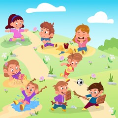 Obraz na płótnie Canvas Happy kids playing active games, cartoon style flat characters.
