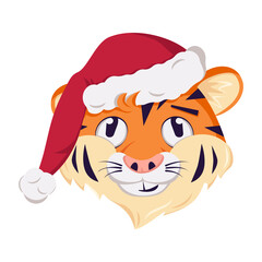 Cute funny or smile tiger character, simbol of New Year in a red Christmas cap. Wild animals of africa, face with pensive, thoughtful emotions, festive decoration