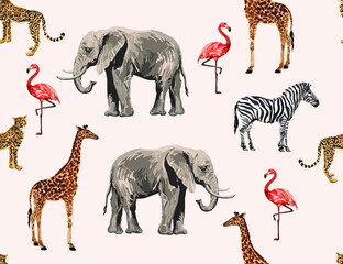 Tropical vintage botanical seamless pattern giraffe, elephant, flamingo, zebra.  Jungle floral composition animal wallpaper.
