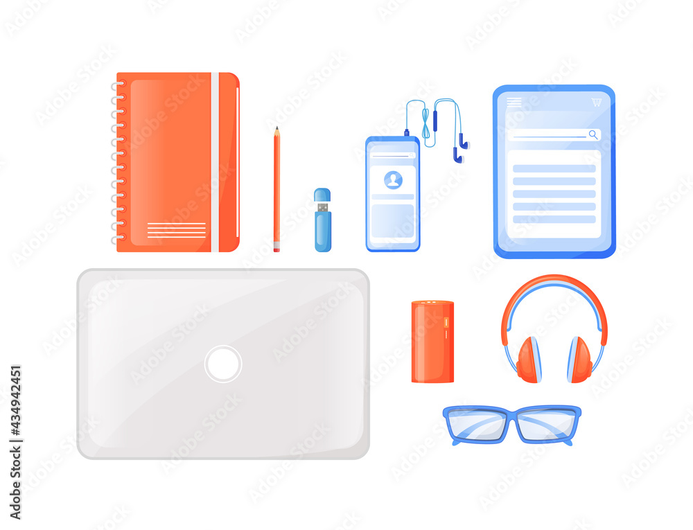 Poster freelancer travel essentials flat color vector objects set