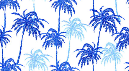 Fototapeta na wymiar Beautiful botanical vector seamless pattern background with coconut palm trees silhouettes. Isolated on white background. The Summer beach surfing illustration. 