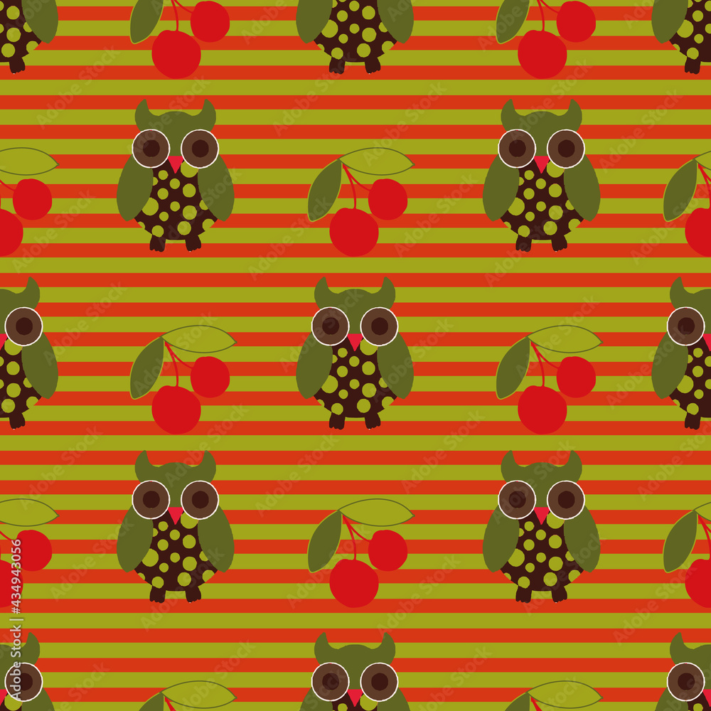 Poster striped background with owls and cherries vector repeat pattern print