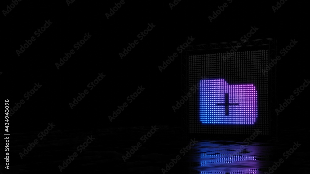 Poster 3d rendering of light shaped as symbol of folder plus on black background