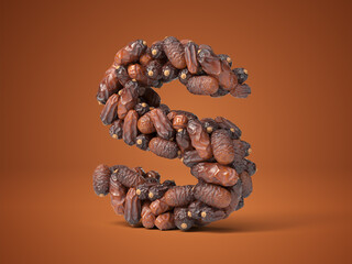 Letter S shaped date palm fruits, 3d illustration, suitable for fasting, ramadan, islam and iftar themes and typography usage.