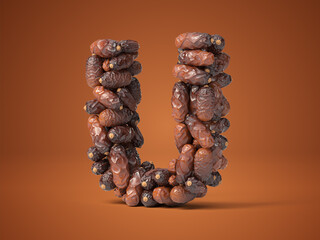 Letter U shaped date palm fruits, 3d illustration, suitable for fasting, ramadan, islam and iftar themes and typography usage.