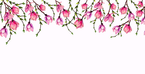 Seamless vector floral pattern background with hand-drawn tropical Japanese flowers, magnolia flowers, spring branches. Perfect for wallpapers, web page backgrounds, surface textures, textiles.
