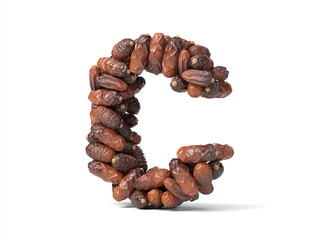 Letter C shaped date palm fruits, 3d illustration, suitable for fasting, ramadan, islam and iftar themes and typography usage.